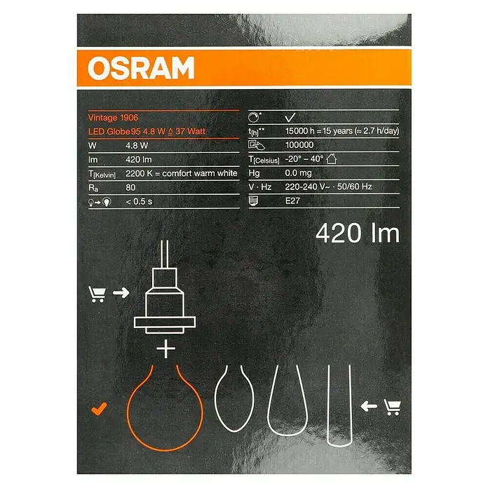 Osram LED-Lampe Vintage Edition 1906 Globe-Form E27 - Durchmesser: 9,5 cm, E27, Dimmbar, Warmweiß, 420 lm, 4,8 W - Informationen zur OSRAM Vintage 1906 LED Globe 95 Lampe: 4,8W, 420 Lumen, 2200K warmweiß, Lebensdauer 15000h, E27 Sockel.