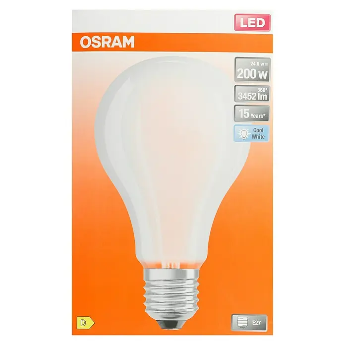 Osram LED-Lampe Glühlampenform E27 matt - E27, Nicht Dimmbar, Kaltweiß, 3.452 lm, 24 W - Abbildung einer OSRAM LED Lampe. Diese Lampe hat 24.0 W, ist vergleichbar mit 200 W, leuchtet mit 3452 Lumen und hält 15 Jahre.