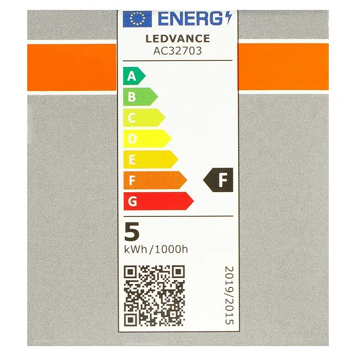 Osram LED-Lampen Set Reflektor GU10 - GU10, Nicht Dimmbar, Warmweiß, 350 lm, 4,3 W, 5 Stk. - Energieetikett für LEDVANCE AC32703 mit Energieeffizienzklasse F und einem Verbrauch von 5 kWh/1000h gemäß EU-Verordnung 2019/2015.