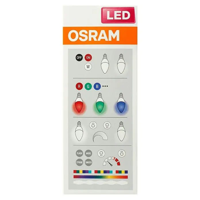 Osram LED-Lampen Set Kerzenform E14 2er Set mit Fernbedienung und Farbsteuerung - E14, Dimmbar, RGBW, 470 lm, 4,9 W - Das Bild zeigt eine Nahaufnahme der Verpackung von OSRAM LED-Leuchtmitteln, die verschiedene Funktionen und Einstellungen wie Farbe und Helligkeit hervorhebt.
