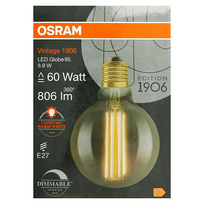 Osram LED-Lampe Vintage Edition 1906 Globe-Form E27 - Durchmesser: 9,5 cm, E27, Dimmbar, Warmweiß, 806 lm, 8,8 W - Produktverpackung einer Osram Vintage 1906 LED Globe 95 Lampe mit 8,8 W, die 60 Watt ersetzt und 806 Lumen liefert.