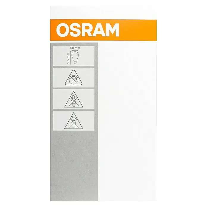 Osram LED-Lampen Set Glühlampenform E27 klar - E27, Nicht Dimmbar, Warmweiß, 1.521 lm, 11 W, Klar - Osram Verpackung mit Produktinformationen und Warnhinweisen, die die Abmessungen und Vorsichtsmaßnahmen beim Umgang mit der Glühbirne zeigen.