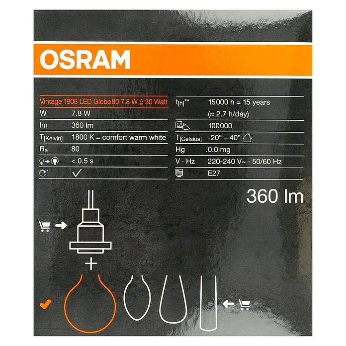 Osram LED-Lampe Vintage Edition 1906 Globe-Form E27 - E27, Dimmbar, Warmweiß, 360 lm, 7,8 W - Produktbild einer OSRAM Vintage 1906 LED Globe80 7.8W Lampe, die warmweißes Licht mit 360 Lumen erzeugt und für E27 Fassungen geeignet ist.