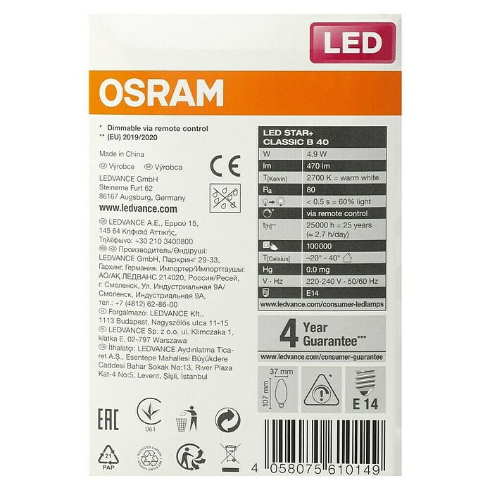 Osram Set LED sijalk v obliki sveče E14 z daljinskim upravljanjem barve - dvojno pakiranje  (E14, Možnost zatemnitve, RGBW, 470 lm, 4,9 W) | LED luči | Svetlila | Elektro in svetila | Izdelki | BAUHAUS