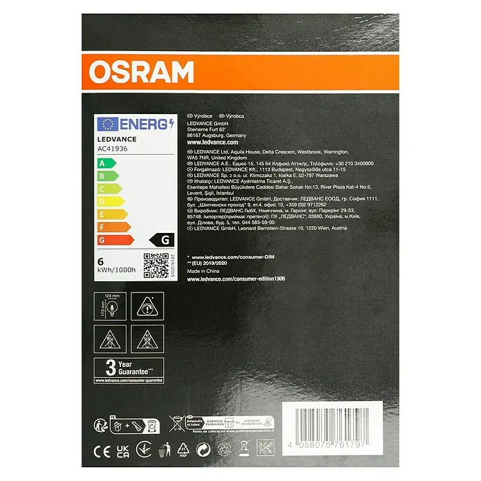 Osram LED-Lampe Vintage Edition 1906 Globe-Form E27 - E27, Dimmbar, Warmweiß, 470 lm, 5,8 W - Produktinformationen der LEDVANCE AC41936 LED-Lampe mit Energieeffizienzklasse G, Stromverbrauch und Herstellerdetails.