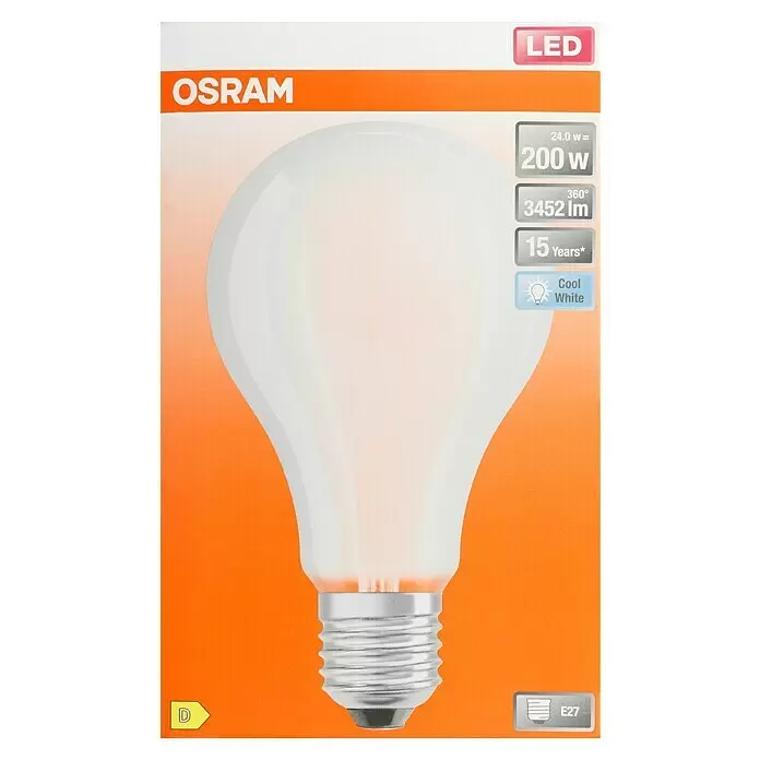 Osram Bombilla LED - E27, No regulable, Blanco frío, 3.452 lm, 24 W - Embalaje bombilla LED OSRAM: diseño naranja/blanco con gráfico de bombilla, 24W (200W equiv.), 3452lm, 15 años, Cool White, E27, Clase D.