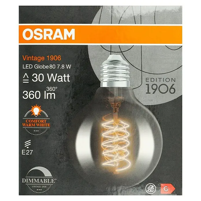 Osram LED-Lampe Vintage Edition 1906 Globe-Form E27 - E27, Dimmbar, Warmweiß, 360 lm, 7,8 W - Abbildung einer OSRAM Vintage 1906 LED Globe 80 7.8 W Lampe. Sie ist dimmbar und strahlt ein warmweißes Licht aus.