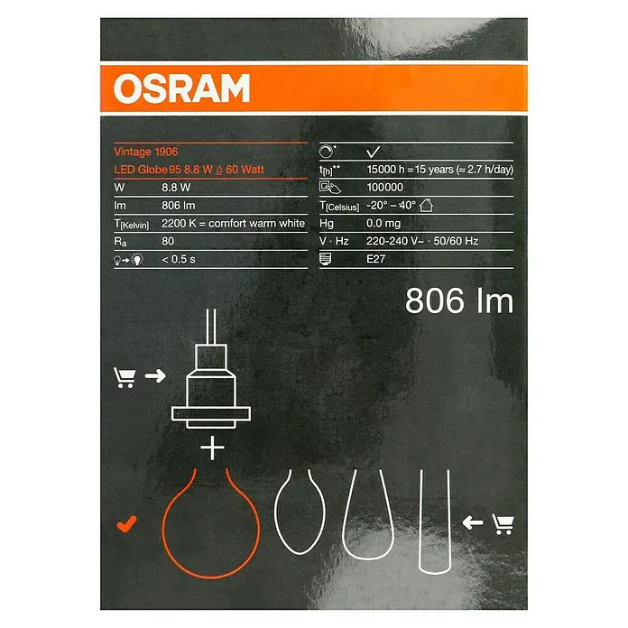 Osram LED-Lampe Vintage Edition 1906 Globe-Form E27 - Durchmesser: 9,5 cm, E27, Dimmbar, Warmweiß, 806 lm, 8,8 W - Osram Vintage 1906 LED Globe 95 8.8W: Energiesparend und dekorativ mit 806 lm und 2200 K für warmweisses Licht.