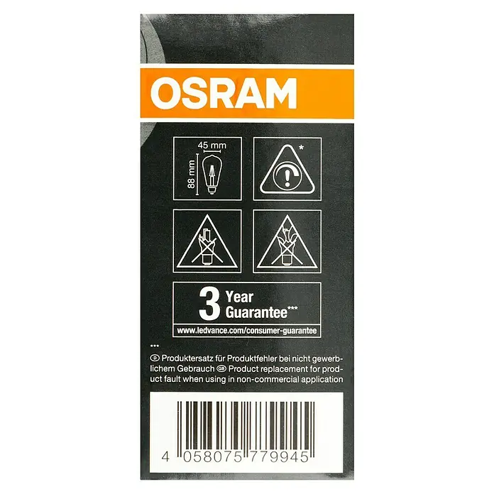 Osram LED-Lampe Vintage Edition 1906 Birnenform E27 - E27, Dimmbar, Warmweiß, 360 lm, 4,8 W, Gold - Abbildung des OSRAM-Produkts mit Produktabmessungen, Sicherheitswarnungen, Garantieinformationen und Barcode.