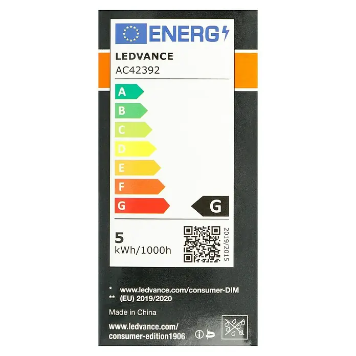 Osram LED-Lampe Vintage Edition 1906 Birnenform E27 - E27, Dimmbar, Warmweiß, 360 lm, 4,8 W, Gold - Energielabel einer LEDVANCE AC42392 Lampe mit Energieeffizienzklasse G und einem Verbrauch von 5 kWh/1000h.