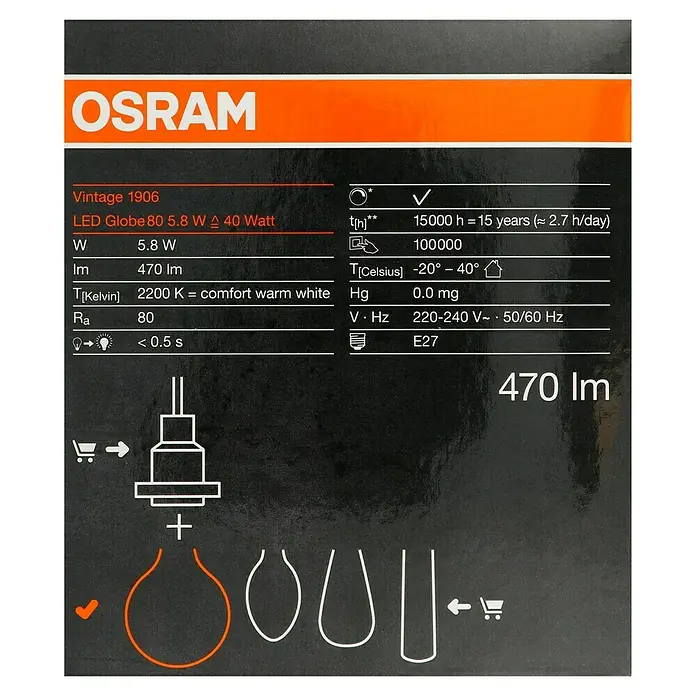 Osram LED-Lampe Vintage Edition 1906 Globe-Form E27 - E27, Dimmbar, Warmweiß, 470 lm, 5,9 W - Das Bild zeigt die Spezifikationen und Eigenschaften einer OSRAM Vintage 1906 LED Globe 80 5.8W Lampe.