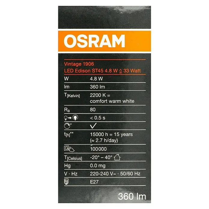Osram LED-Lampe Vintage Edition 1906 Birnenform E27 - E27, Dimmbar, Warmweiß, 360 lm, 4,8 W, Gold - Produktbild: Osram Vintage 1906 LED Edison ST45 4.8W Lampe mit technischen Daten wie 360 lm und 2200 K Farbtemperatur.