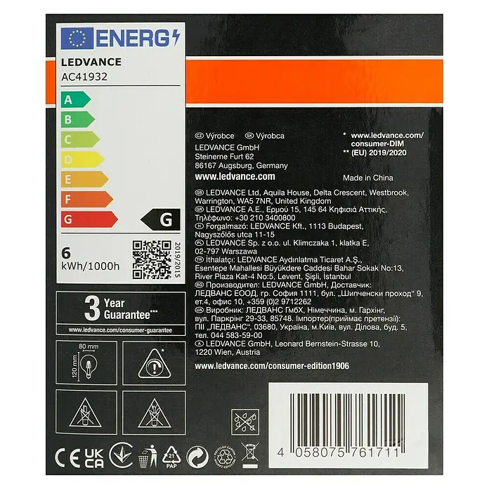 Osram LED-Lampe Vintage Edition 1906 Globe-Form E27 - E27, Dimmbar, Warmweiß, 470 lm, 5,9 W - LEDVANCE AC41932: Energieetikett mit Informationen zu Energieeffizienz, Verbrauch und Herstellerangaben.
