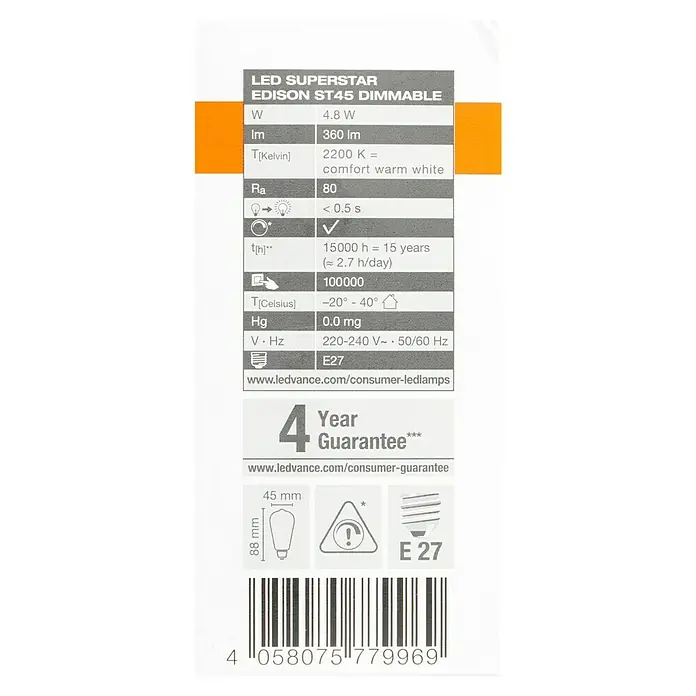 Osram LED-Lampe Vintage Glühlampenform E27 - E27, Dimmbar, Warmweiß, 360 lm, 4,8 W - Etikett einer LED-Superstar Edison ST45 dimmbaren Glühbirne mit technischen Daten und Garantieinformationen.
