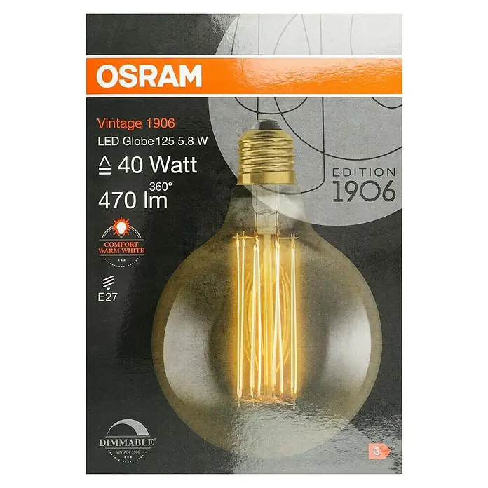 Osram LED-Lampe Vintage Edition 1906 Globe-Form E27 - E27, Dimmbar, Warmweiß, 470 lm, 5,8 W - OSRAM Vintage 1906 LED-Globelampe: 5,8 W, entspricht 40 Watt, 470 Lumen. Warmweißes Licht für eine gemütliche Atmosphäre.