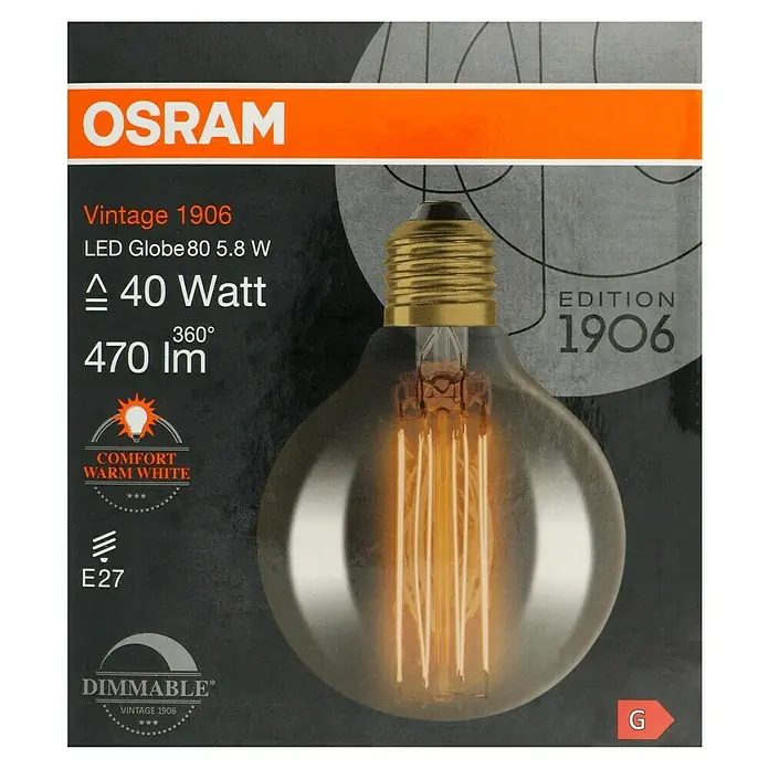 Osram LED-Lampe Vintage Edition 1906 Globe-Form E27 - E27, Dimmbar, Warmweiß, 470 lm, 5,9 W - Nahaufnahme einer Osram Vintage 1906 LED Globe 80 5.8 W Lampe, die warmweißes Licht ausstrahlt und eine gemütliche Atmosphäre schafft.