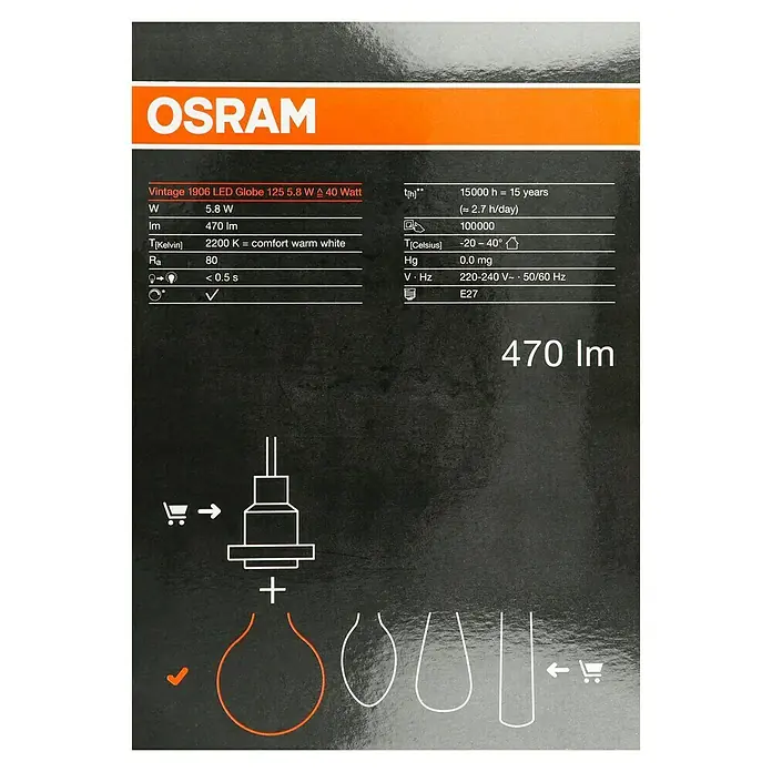 Osram LED-Lampe Vintage Edition 1906 Globe-Form E27 - E27, Dimmbar, Warmweiß, 470 lm, 5,8 W - Nahaufnahme einer OSRAM Vintage 1906 LED-Globelampe (5,8 W, 470 lm) mit technischen Daten und Anwendungshinweisen auf der Verpackung.