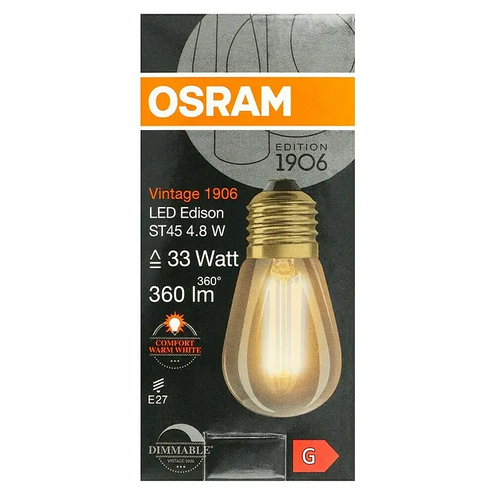 Osram LED-Lampe Vintage Edition 1906 Birnenform E27 - E27, Dimmbar, Warmweiß, 360 lm, 4,8 W, Gold - Produktverpackung für eine Osram Vintage 1906 LED Edison ST45 4.8 W Glühbirne, die warmweißes Licht bietet und dimmbar ist.