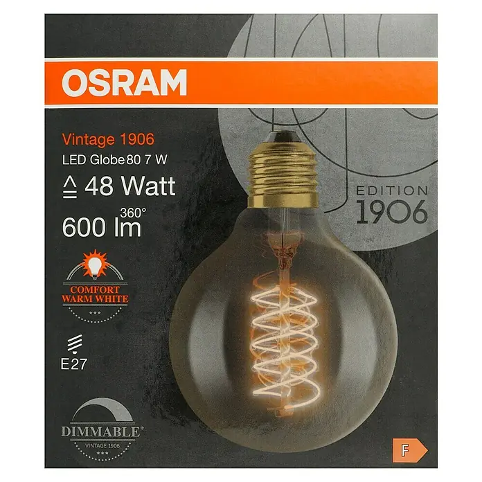 Osram LED-Lampe Vintage Edition 1906 Globe-Form E27 - Durchmesser: 8 cm, E27, Dimmbar, Warmweiß, 600 lm, 7 W - Verpackung einer Osram Vintage 1906 LED Globe 80 7W Lampe mit 48 Watt und 600 Lumen für gemütliches, warmweißes Licht.
