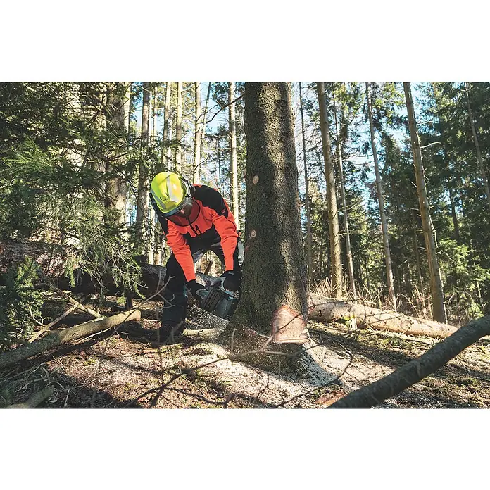 Metabo CAS 18V Akku-Kettensäge MS36-18 LTXBL40 - 18 V, Li-Ionen, Ohne Akku, Schwertlänge: 40 cm - Ein Waldarbeiter mit Schutzausrüstung sägt einen Baum mit einer Kettensäge. Die Szene zeigt die Arbeit im Wald mit professioneller Ausrüstung.
