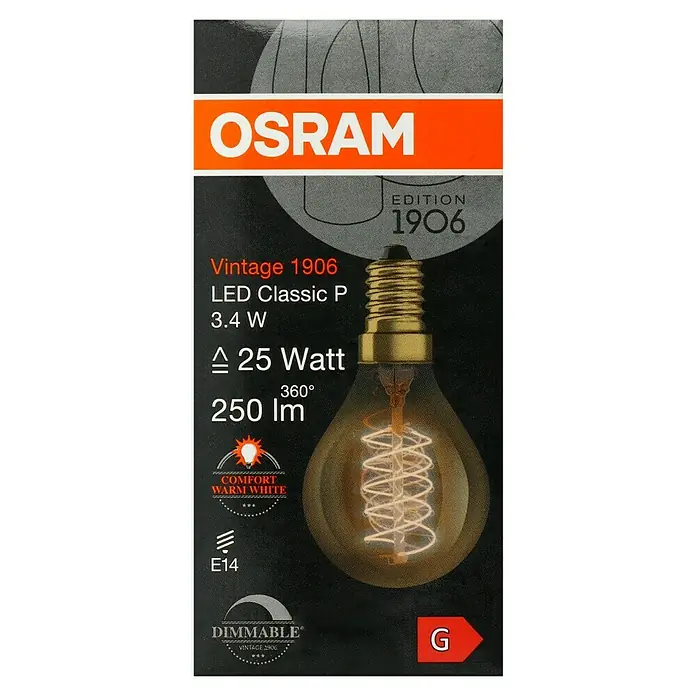 Osram LED-Lampe Vintage Edition 1906 Birnenform E14 - E14, Dimmbar, Warmweiß, 250 lm, 34 W - Produktverpackung: Osram Vintage 1906 LED Classic P 3.4W Lampe, dimmbar, mit warmweißem Licht und E14 Sockel, Energieeffizienzklasse G.