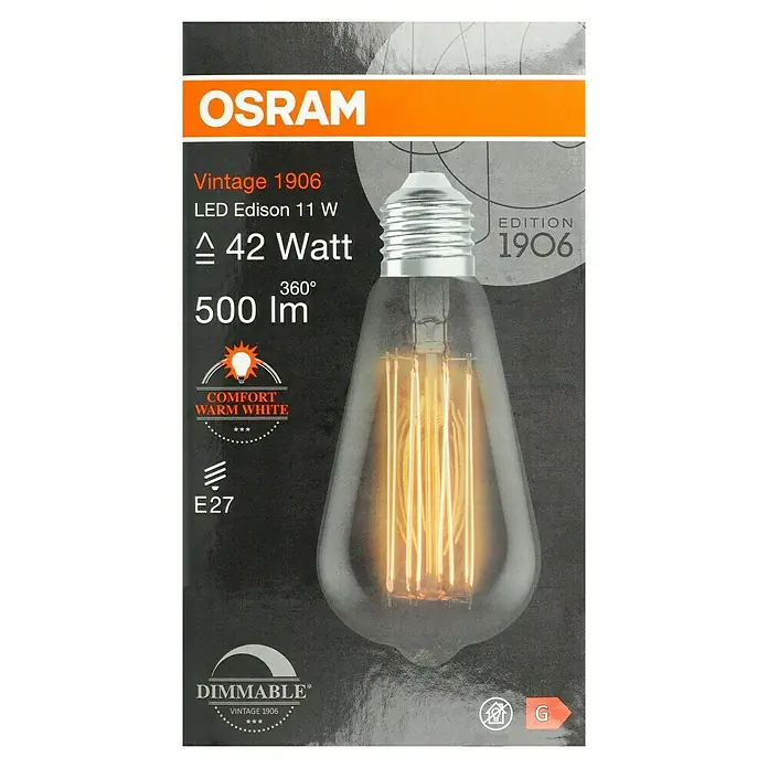 Osram LED-Lampe Vintage Edition 1906 Birnenform E27 - E27, Dimmbar, Warmweiß, 500 lm, 11 W, Smoke - Eine Osram Vintage 1906 LED Edison Lampe mit 11 W, die ein warmweißes Licht ausstrahlt und dimmbar ist.