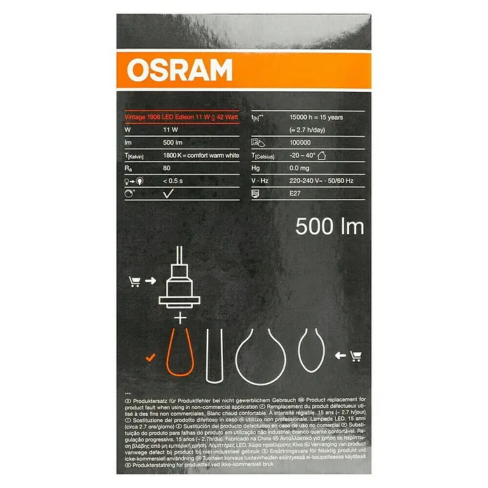 Osram LED-Lampe Vintage Edition 1906 Birnenform E27 - E27, Dimmbar, Warmweiß, 500 lm, 11 W, Smoke - Informationen zu einer Osram Vintage 1906 LED Edison Lampe mit 11 W und 500 lm Lichtstrom, warmweißem Licht und einer Lebensdauer von 15 Jahren.