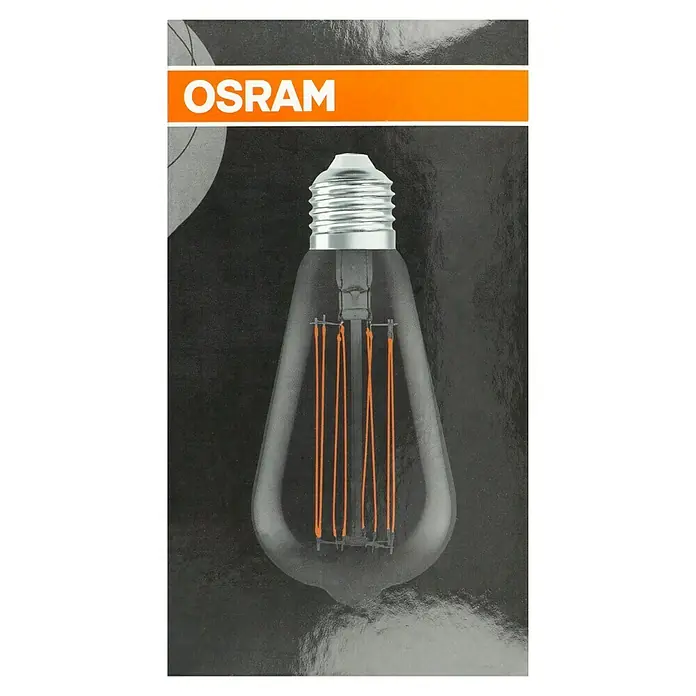 Osram LED-Lampe Vintage Edition 1906 Birnenform E27 - E27, Dimmbar, Warmweiß, 500 lm, 11 W, Smoke - Nahaufnahme einer OSRAM Vintage-Glühbirne mit sichtbaren Filamenten und E27-Sockel auf dunklem Hintergrund.