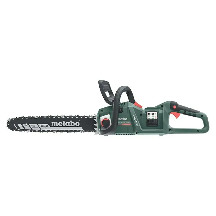 Metabo CAS 18V Akku-Kettensäge MS36-18 LTXBL40 - 18 V, Li-Ionen, Ohne Akku, Schwertlänge: 40 cm - Akkubetriebene Metabo-Kettensäge mit schwarzem Schwert und graugrünem Gehäuse für kabellose Leistung bei Baumschnittarbeiten.