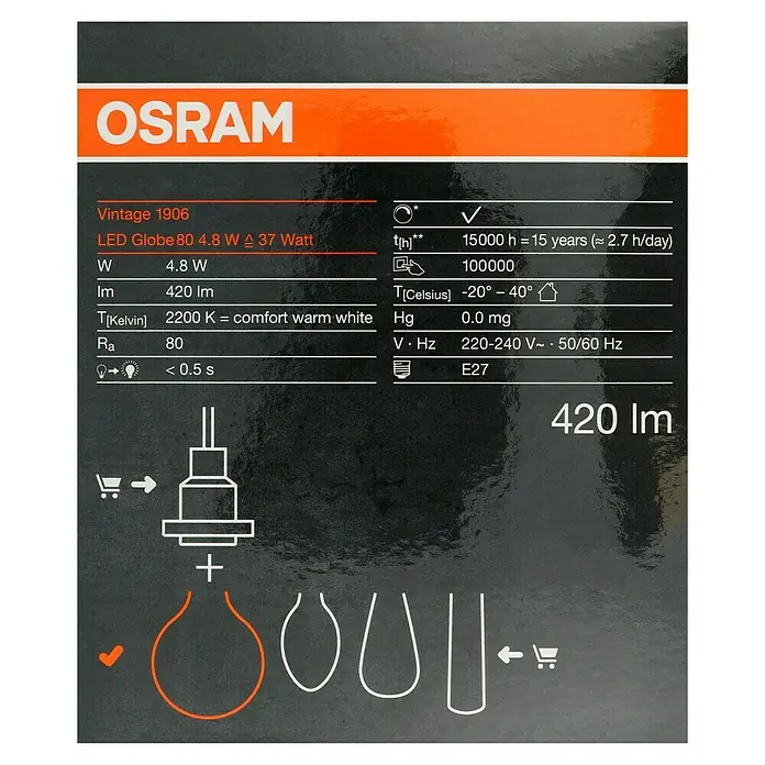 Osram LED-Lampe Vintage Edition 1906 Globe-Form 80 E27 - E27, Dimmbar, Warmweiß, 420 lm, 4,8 W - OSRAM Vintage 1906 LED Globe 80: Eine 4,8W Lampe, die 37W entspricht, mit 420 Lumen und warmweißem Licht (2200K) für gemütliche Atmosphäre.