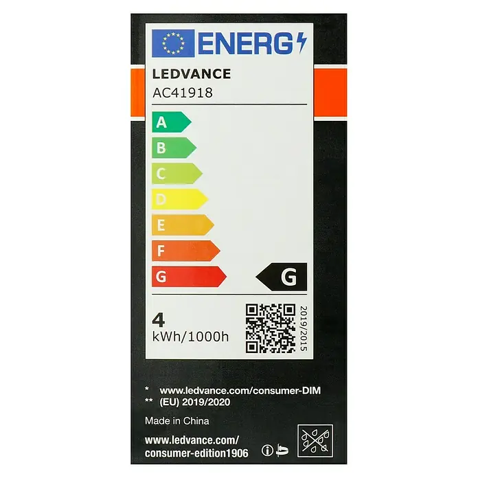 Osram LED-Lampe Vintage Edition 1906 Birnenform E14 - E14, Dimmbar, Warmweiß, 250 lm, 34 W - Energieetikett der LEDVANCE AC41918 Lampe mit Energieeffizienzklasse G und einem Verbrauch von 4 kWh/1000h.