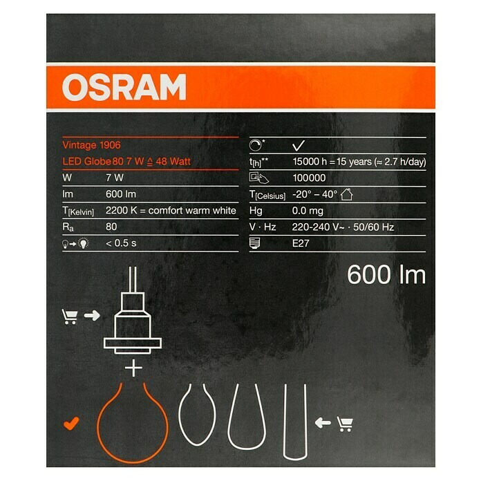 Osram LED-Lampe Vintage Edition 1906 Globe-Form E27 (Durchmesser: 8 cm, E27, Dimmbar, Warmweiß, 600 lm, 7 W) | BAUHAUS