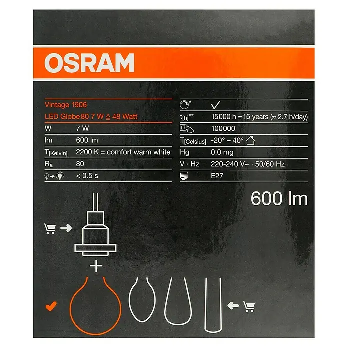 Osram LED-Lampe Vintage Edition 1906 Globe-Form E27 - Durchmesser: 8 cm, E27, Dimmbar, Warmweiß, 600 lm, 7 W - Abbildung einer Verpackung für eine OSRAM Vintage 1906 LED Globe 80 7W Lampe.