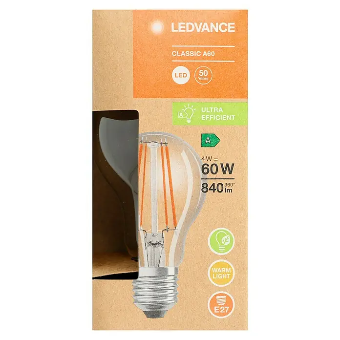 Ledvance LED-Lampe Glühlampenform E27 klarE27, Nicht Dimmbar, Warmweiß, 840 lm, 4 W