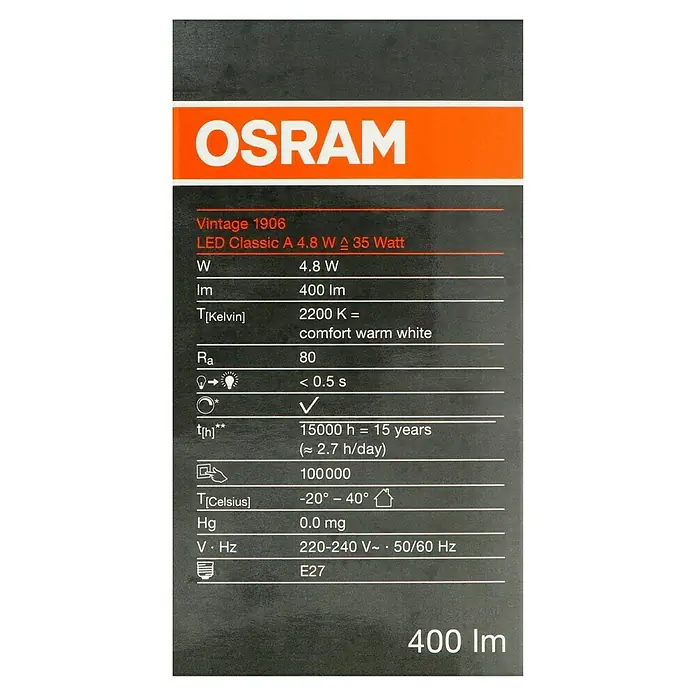 Osram LED-Lampe Vintage Edition 1906 Glühlampenform E27 - E27, Dimmbar, Warmweiß, 400 lm, 4,8 W, Birne, Gold - Informationen zur OSRAM Vintage 1906 LED Classic A 4.8W Lampe mit 400lm, 2200K, langer Lebensdauer und E27 Sockel.