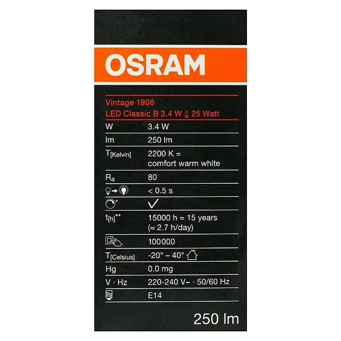 Osram LED-Lampe Vintage Edition 1906 Birnenform E14 - E14, Dimmbar, Warmweiß, 250 lm, Kerze, Gold - Produktverpackung: OSRAM Vintage 1906 LED Classic B 3.4W, 250 lm, warmweißes Licht, lange Lebensdauer, E14 Fassung.