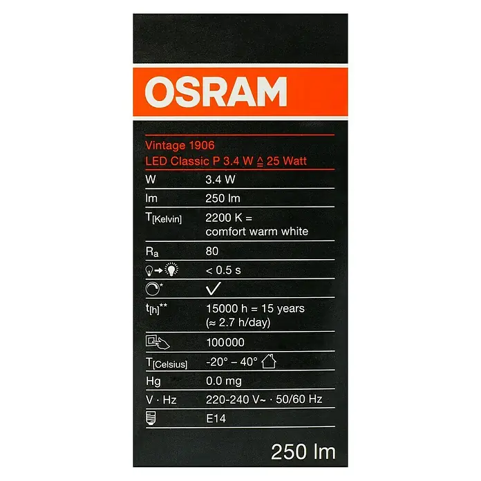 Osram LED-Lampe Vintage Edition 1906 Birnenform E14 - E14, Dimmbar, Warmweiß, 250 lm, 34 W - Etikett der OSRAM Vintage 1906 LED Classic P 3.4 W Lampe mit technischen Daten wie 250 lm Lichtstrom und E14 Fassung.
