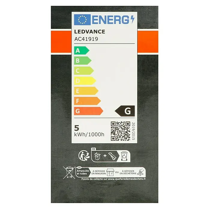 Osram LED-Lampe Vintage Edition 1906 Glühlampenform E27 - E27, Dimmbar, Warmweiß, 400 lm, 4,8 W, Birne, Gold - Energieetikett für eine LEDVANCE Lampe, Modell AC41919, mit Energieeffizienzklasse G und einem Verbrauch von 5 kWh/1000h.