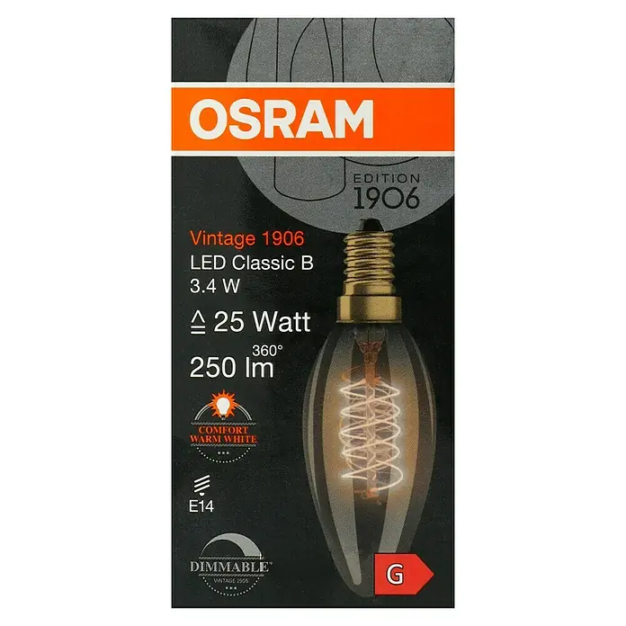 Osram LED-Lampe Vintage Edition 1906 Birnenform E14 - E14, Dimmbar, Warmweiß, 250 lm, Kerze, Gold - Die Packung einer OSRAM Vintage 1906 LED Classic B Lampe mit 3,4 W, die ein warmweißes Licht mit 250 lm erzeugt.