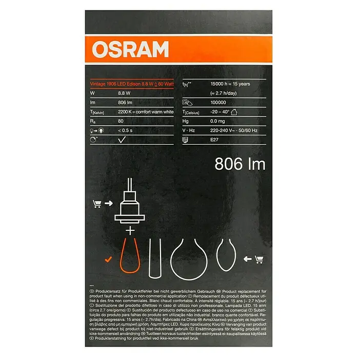 Osram LED-Lampe Vintage Edition 1906 Birnenform E27 - E27, Dimmbar, Warmweiß, 806 lm, 8,8 W, Gold - Produktverpackung: Osram Vintage 1906 LED Edison Lampe, 8,8W, 806 lm, warmweiß, mit E27 Sockel für nicht-gewerbliche Nutzung.