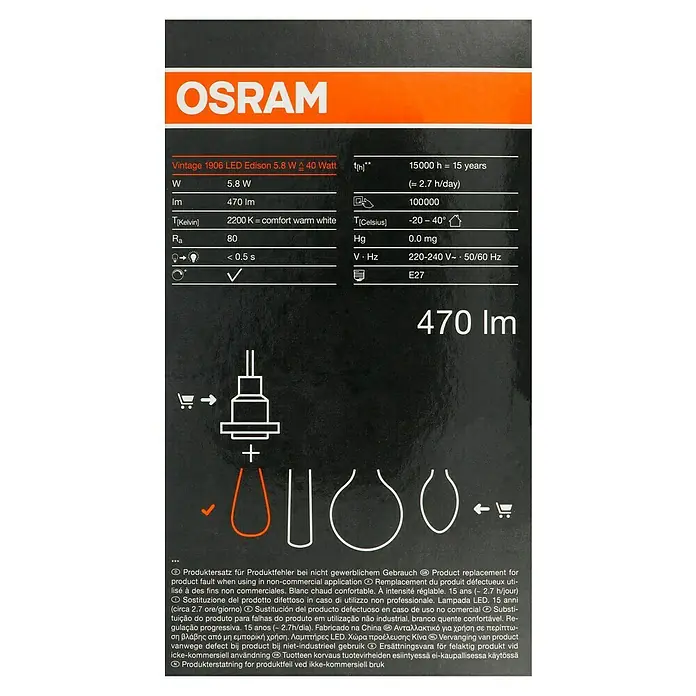 Osram LED-Lampe Vintage Edition 1906 Birnenform E27 - E27, Dimmbar, Warmweiß, 470 lm, 5,9 W, Gold - Produktverpackung: OSRAM Vintage 1906 LED Edison 5.8 W Lampe mit technischen Daten und Hinweisen zur Fehlerbehebung.