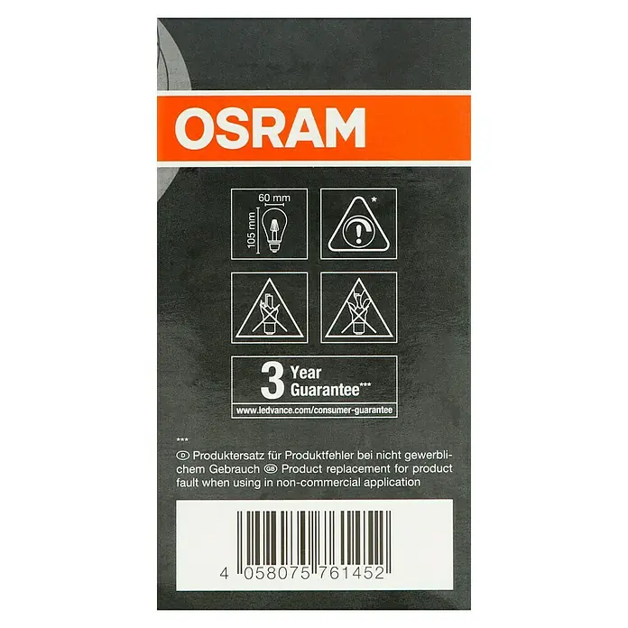 Osram LED-Lampe Vintage Edition 1906 Glühlampenform E27 - E27, Dimmbar, Warmweiß, 400 lm, 4,8 W, Birne, Gold - Etikett einer OSRAM-Glühbirne mit Produktinformationen, einschließlich Abmessungen, Warnhinweisen, Garantie und Barcode.