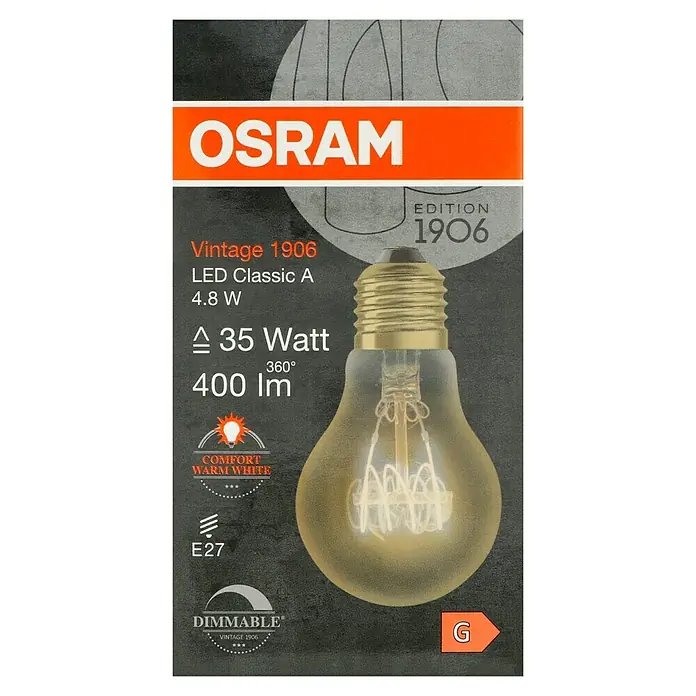Osram LED-Lampe Vintage Edition 1906 Glühlampenform E27 - E27, Dimmbar, Warmweiß, 400 lm, 4,8 W, Birne, Gold - Das Bild zeigt eine Osram Vintage 1906 LED Classic A Glühbirne mit 4,8 W, die ein warmweißes Licht abgibt und dimmbar ist.