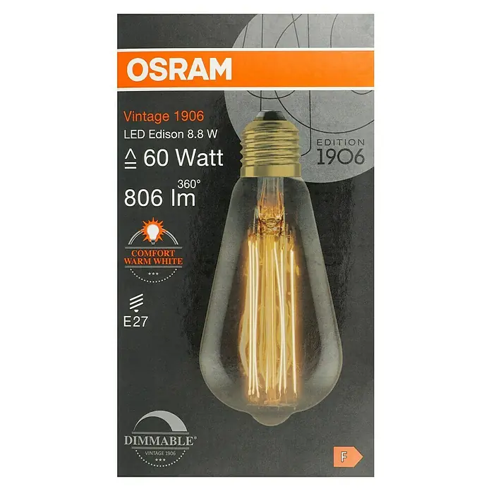 Osram LED-Lampe Vintage Edition 1906 Birnenform E27 - E27, Dimmbar, Warmweiß, 806 lm, 8,8 W, Gold - Abbildung einer OSRAM Vintage 1906 LED Edison Lampe (8,8 W, 60 Watt Äquivalent, 806 lm), warmweiß, dimmbar.