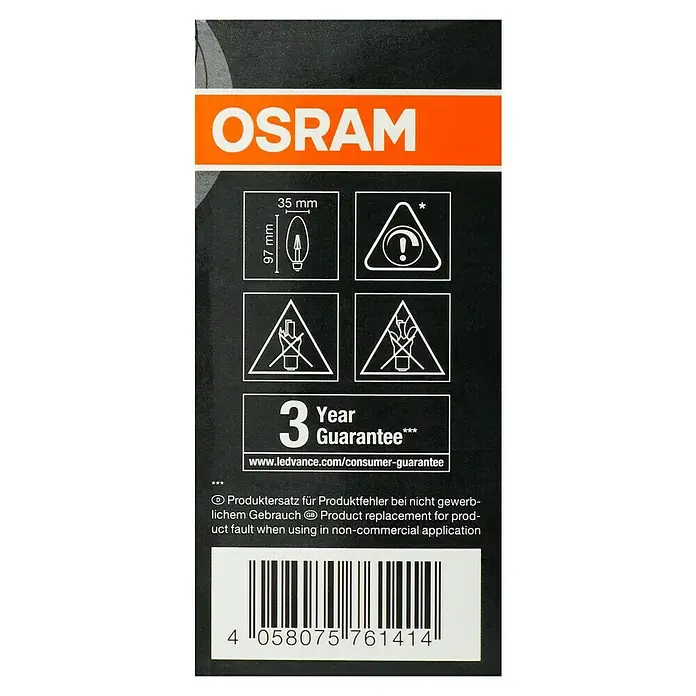 Osram LED-Lampe Vintage Edition 1906 Birnenform E14 - E14, Dimmbar, Warmweiß, 250 lm, Kerze, Gold - Produktverpackung mit Osram-Logo, Abmessungen der Glühbirne, Garantiehinweisen und Barcode für Produktfehler bei nicht gewerblichem Gebrauch.