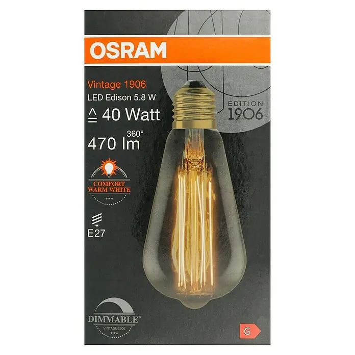 Osram LED-Lampe Vintage Edition 1906 Birnenform E27 - E27, Dimmbar, Warmweiß, 470 lm, 5,9 W, Gold - Osram Vintage 1906 LED Edison Lampe mit 5.8W, 40 Watt Äquivalent und warmweißem Licht für eine gemütliche Atmosphäre.