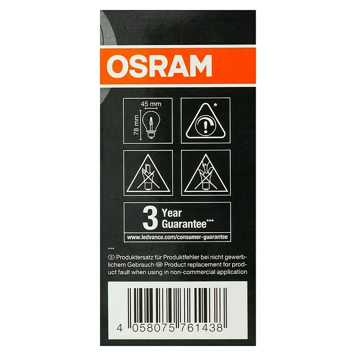 Osram LED-Lampe Vintage Edition 1906 Birnenform E14 - E14, Dimmbar, Warmweiß, 250 lm, 34 W - Produktverpackungsdetails mit OSRAM-Branding, Größenangaben, Warnsymbolen, 3-Jahres-Garantie und Barcode für Produktidentifikation.