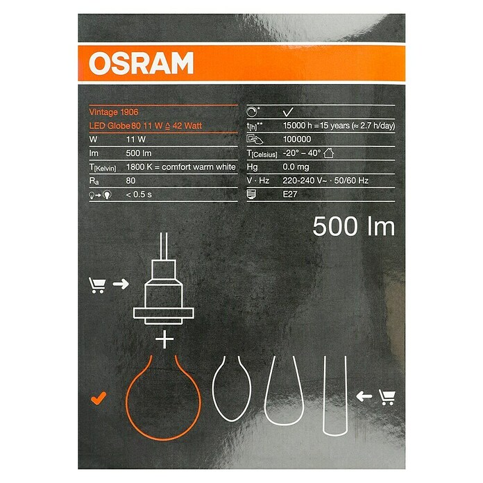 Osram LED-Lampe Vintage Edition 1906 Globe-Form 80 E27 (E27, Dimmbar, Warmweiß, 500 lm, 11 W) | BAUHAUS