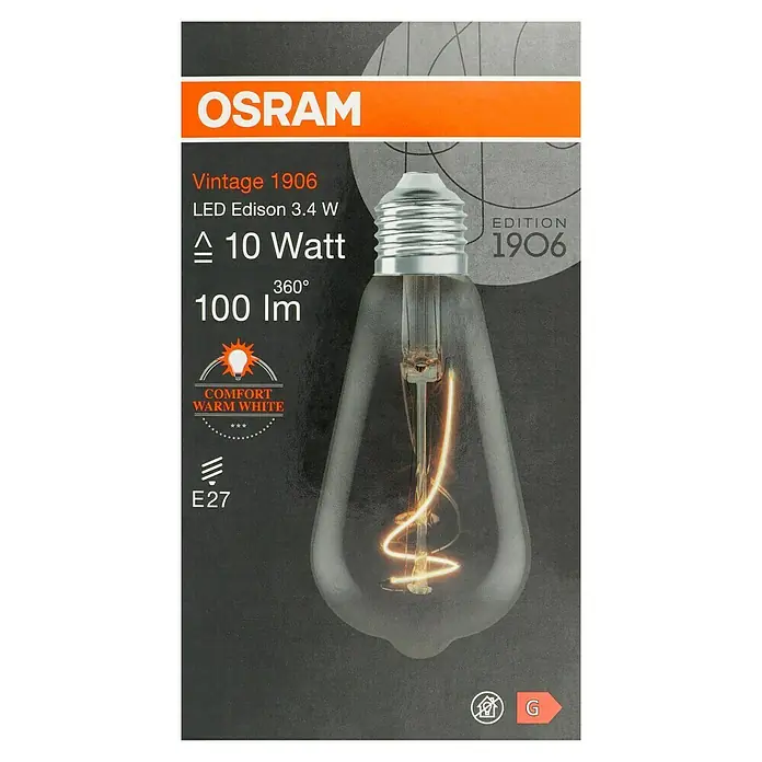 Osram LED-Lampe Vintage Edition 1906 Birnenform E27 - E27, Nicht Dimmbar, Warmweiß, 100 lm, 3,5 W, Smoke - Nahaufnahme der Verpackung einer Osram Vintage 1906 LED-Lampe mit 3,4 W, die ein warmweißes Licht mit 100 Lumen ausstrahlt.