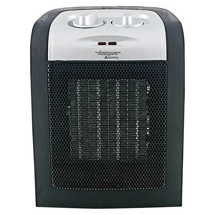 Voltomat HEATING Heizlüfter - 900 kW - 1.800 W, Schwarz, 12 x 17 x 22 cm - Abbildung einer tragbaren, elektrischen VOLTOMAT Heizung mit Drehknöpfen und Schutzgitter für den Heimgebrauch.